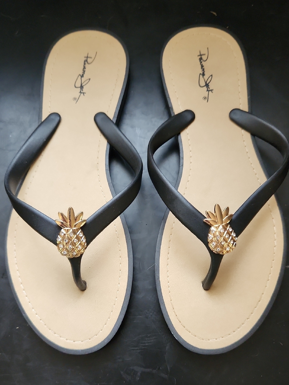 Panama Jack Black Flip Flop Sandals with Gold Pineapple Accent Size 11